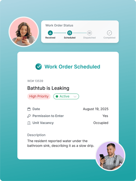 Sam AI Resident Service Agent schedules high-priority work order with resident and technician updates.