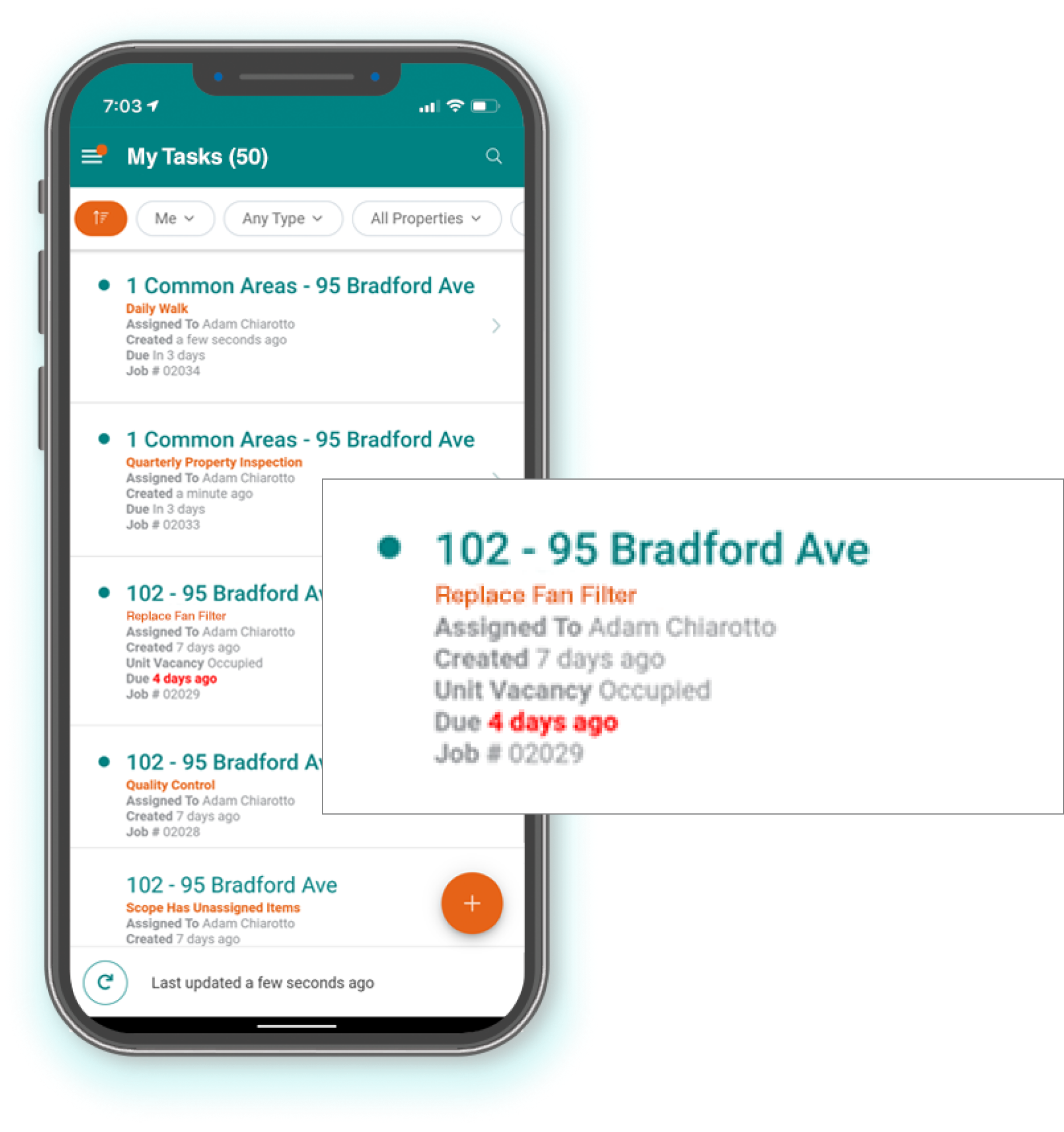 Mobile - tasks list with fan filter callout